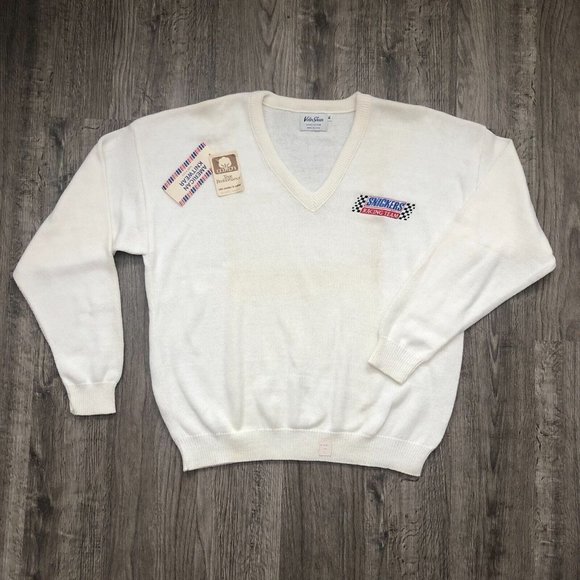 VTG DEADSTOCK Rare Velva Sheen Ivory Cream Snickers Racing V-Neck Sweater Sz XL - Picture 10 of 16